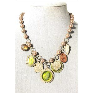 Cameo Coin Cherub Charm Necklace- 18” Gold Tone Metal Bead W Pendants Necklace.